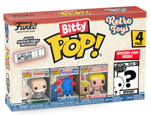 Bitty Pop! Retro Toys – 4‑Pack (Mr. Monopoly, Barrel of Monkeys, Stretch Armstrong + Mystery)